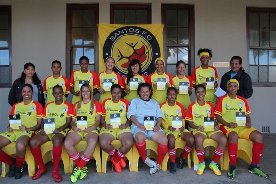 Santos FC Ladies Team squad photo with certificates at the clubhouse