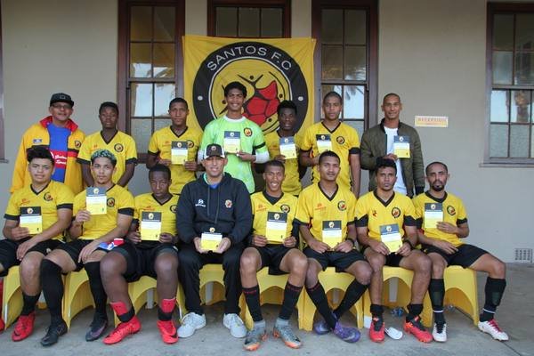 Santos FC Premier Team squad photo with participation certificates